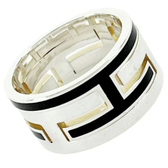 HERMES Black H Band Move Ash Ring size US4.5 Silver 925 Auth #1921 - Picture 1 of 6